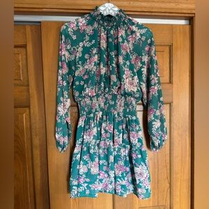 Forever 21 Teal Green Floral Smocked Turtleneck Dress